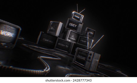 A stack of old TV’s displaying subliminal messages and signal noise.