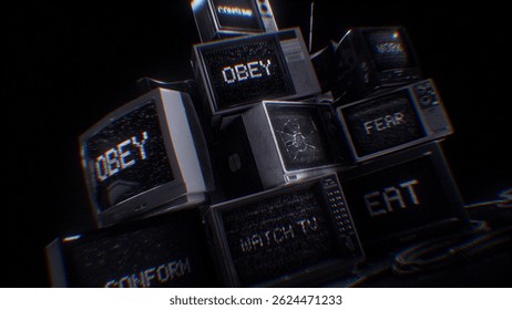 A stack of old TV’s displaying subliminal messages and signal noise.