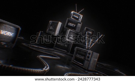 A stack of old TV’s displaying subliminal messages and signal noise.