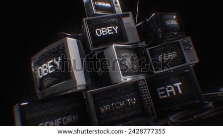 A stack of old TV’s displaying subliminal messages and signal noise.