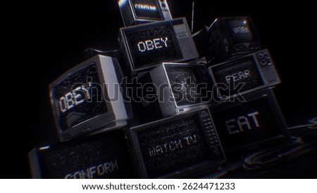 A stack of old TV’s displaying subliminal messages and signal noise.