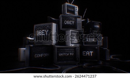 A stack of old TV’s displaying subliminal messages and signal noise.