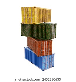 Stack of Old Rusty Cargo Containers isolated on white background. 3d-rendering