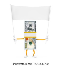 Stack Of One Hundred Dollar Bills Person Character Mascot And Empty White Blank Banner With Free Space For Your Design On A White Background. 3d Rendering