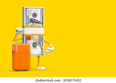 Stack of One Hundred Dollar Bills Person Character Mascot with Orange Travel Suitcase on a yellow background. 3d Rendering