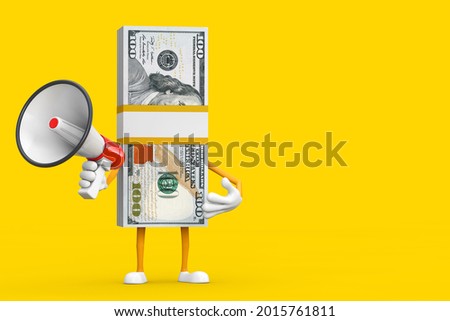 Stack of One Hundred Dollar Bills Person Character Mascot with Red Retro Megaphone on a yellow background. 3d Rendering
