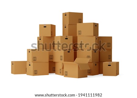 Stack of open and closed brown cardboard moving storage boxes over white background, moving day concept, 3D illustration