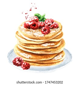 Stack of pancakes with powdered sugar and fresh raspberries. Hand drawn watercolor illustration isolated on white background - Powered by Shutterstock