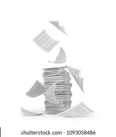 Stack Of Paper, Flying Paper, Isolated On White Background. 3d Illustration