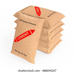 Stack Of Paper Sacks Cement Bags On A White Background. 3d Rendering