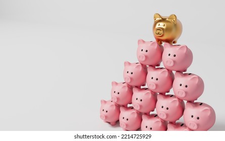 A Stack Of Piggy Bank Money Boxes In A Pyramid Shape. 3D Rendering. 3D Illustration