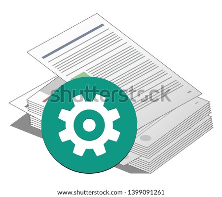 Stack or pile of Documents with gear wheel icon sign of options and preferences isolated. Documents options. Agreements, Financial report and documentation. illustration