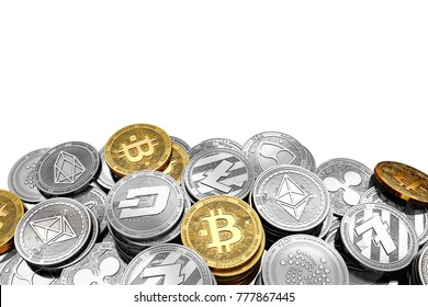 Stack and piles of Bitcoin and other different cryptocurrencies isolated on white background with copy space above. 3D rendering