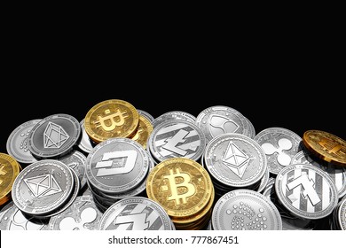 Stack and piles of Bitcoin and other different cryptocurrencies isolated on black background with copy space above. 3D rendering