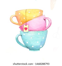 A stack polka dot cups in pastel colors white background  Watercolor illustration 