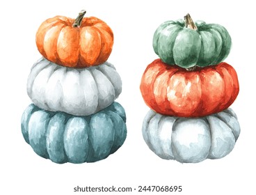 Stack of pumpkins set, Hand drawn watercolor illustration isolated on white background