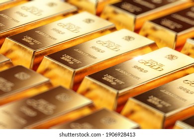 Stack of pure gold bullion bars in bank vault storage. 1kg 999,9 Fine Gold bar ingots background. Precious metal investment, finance banking business, financial reserve, wealth 3D concept illustration