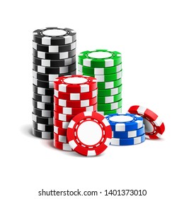 Stack Of Realistic Empty Chips For Casino Or Pile Of Blank 3d Gambling Tokens. Volumetric Heap Of Money Or Cash For Games Like Poker And Blackjack, Roulette. Betting Club And Gamble, Winning Theme