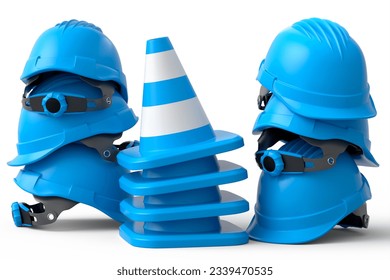 Stack of safety helmets or hard hats and traffic cones for under construction road work on white background. 3d render carpentry tools for industrial worker and handyman - Powered by Shutterstock