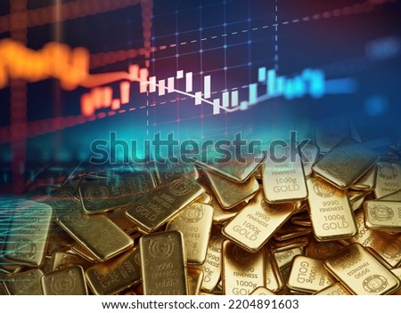 stack of  shiny gold bars on down trend financial gold price graph ,concept of economy crash and financial crisis, 3d illustration