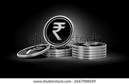Stack Of Silver And Black Indian Rupee Coins Set On Shiny Silver Glow Background 3d Illustration