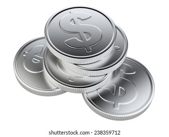 Stack of silver coins isolated on white. 3d illustration high resolution