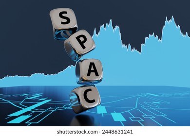 Stack of silver metallic dice forming the word SPAC on the background of blue stock graph and candle stick chart. 3D illustration of the concept of special purpose acquisition company