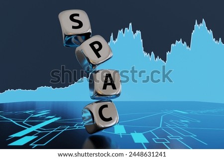 Stack of silver metallic dice forming the word SPAC on the background of blue stock graph and candle stick chart. 3D illustration of the concept of special purpose acquisition company