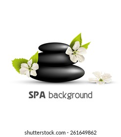Stack of spa stones with cherry white flowers isolated on white background