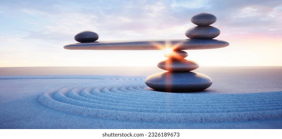 Stack of Stones making a seesaw  with lines in the sand at evening sun - calm meditative mood concept - 3d illustration