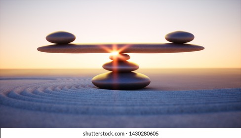 Stack of stones with seesaw at sunset sunrise - 3D illustration