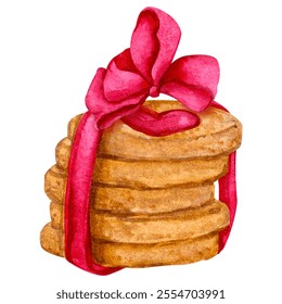 Stack of sugar cookies tied with ribbon. Sweet dessert for Valentine's Day, Birthday. Design elements for cards, menus, posters, etc. Watercolor illustration isolated on a white background. - Powered by Shutterstock