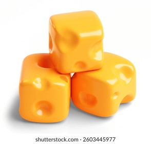 A stack of three shiny 3D-rendered cheese cubes in a cute cartoon style. Bright yellow and smooth surface, ideal for food, dairy, or kids-themed designs.