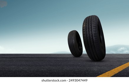 Stack of Tires on an Empty Road with Blue Sky Background - Powered by Shutterstock