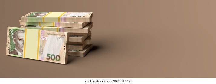 Stack of ukrainian money hryvnia (grivna, hryvna) with 500 banknotes with blank copy space background. 3d render