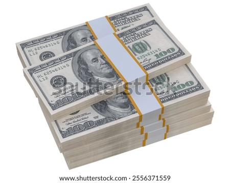 Stack of US paper currency. 3D American Dollars cash one hundred banknotes. Pile of us currency isolated on white background. Creative business finance making money or saving concept