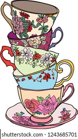 Stack vintage floral teacup illustration