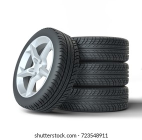 Stack of wheels on white background. 3d illustration