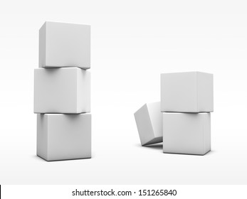 Stack of white cubes on white background. 3D render.