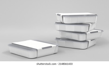 Stack white plastic disposable food containers. Realistic mockup sushi delivery box with transparent cap and blank paper wrap. Rectangle packaging template, meal lunch take away 3d render illustration