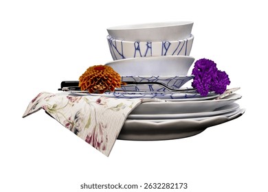 Stack of white plates with floral patterns and two flowers.