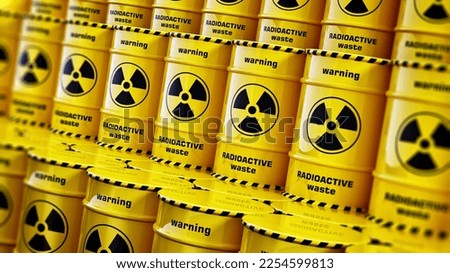 Stack of yellow radioactive barrels with warning signs. 3D illustration