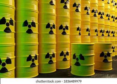 Stack Of Yellow Radioactive Waste Barrels In Disposal Zone Or Final Storage, 3D Illustration