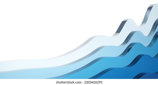 Stacked Blue Glass Rising Abstract Wave Shapes Over White Background, Abstract Data Visualisation Or Growth Concept, 3D Illustration