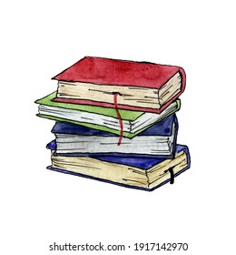 Stacked Books Drawn Watercolor Illustration On White Backgroud