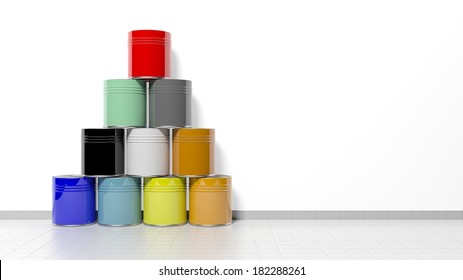 Stacked Cans With Paint On The Floor 