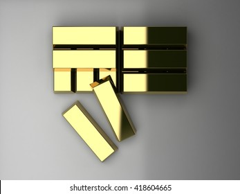 Stacked Of Gold Bars In Top View, 3D Illustration.