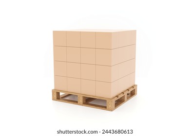 Stacked of Package Boxes on Pallets. Boxes on Wooden Pallets. Interior of Storage Warehouse. Supply Chain. Cardboard Boxes. Warehouse Logistics. Warehouse. Delivery. Warehouse Logistics. 3d Render.