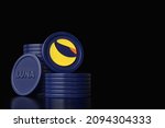 Stacked Terra Luna token coins on black background. Suitable for concepts like digital swaps and trades. High quality 3D rendering.