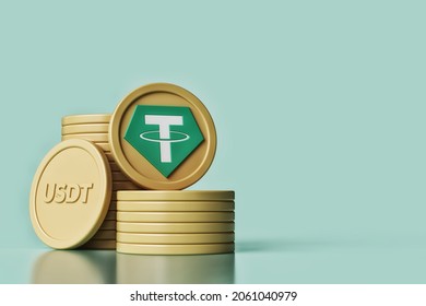 Stacked Tether stable coins and copy space for a cryptocurrency concept. Green and gold color scheme. Tether symbol and USDT ticker icons. High quality 3D rendering.